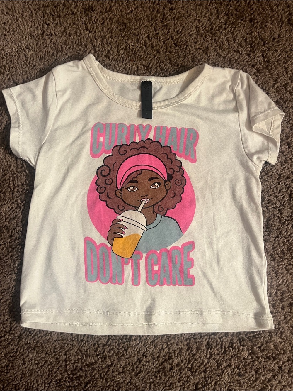 Girls White Graphic Tee - Curly Hair Don't Care Pink Accent